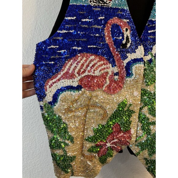 80s 90s Flamingo Sequin Sea Shell Vest Tropical Sparkle Palm Tree Large Beach - Picture 2 of 12